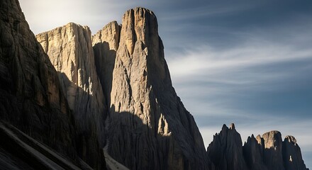 Majestic Mountain Range with Tall Rocky Cliffs Under Bright Sky