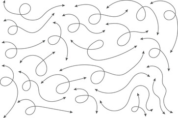 Dual sided Hand drawn curve line arrow. Double side curved outline arrows set. two side Wavy line arrow collection. zigzag arrows