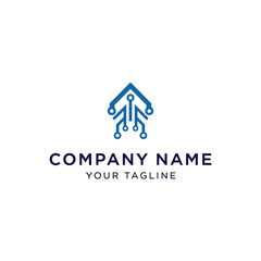 Fototapeta premium A modern abstract logo featuring a blue circuit board design resembling an upward-pointing arrow or house.
