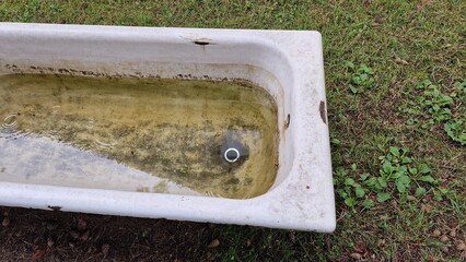 An old, dilapidated cast-iron bathtub lies on the street
