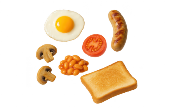 Delicious full English breakfast ingredients isolated on transparent background