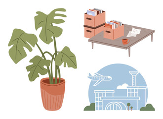Potted monstera plant, tabletop with files and mug, and airport with airplane departing. Ideal for workspace organization, travel, productivity, eco-design, minimalism balance modern lifestyle. A