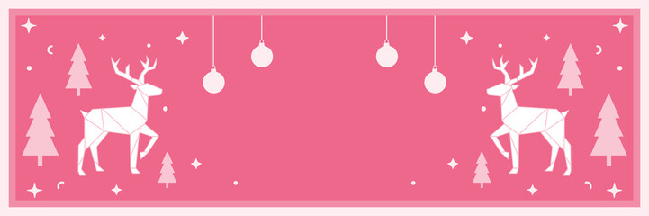 Elegant Minimal Christmas Banner with White Geometric Reindeer, Hanging Ornaments, and Pine Trees on a Soft Pink Festive Background