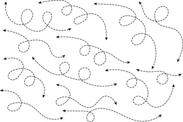 Dual sided Hand drawn curve dotted line arrow. Double side curved Dashed outline arrows set. two side Wavy dot line arrow collection. zigzag arrows