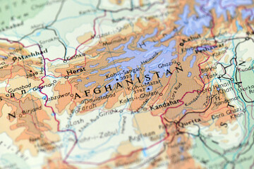 A detailed, close-up physical map of Afghanistan, showing the mountainous terrain, including the Hindu Kush range, with key city names and political boundaries. 
