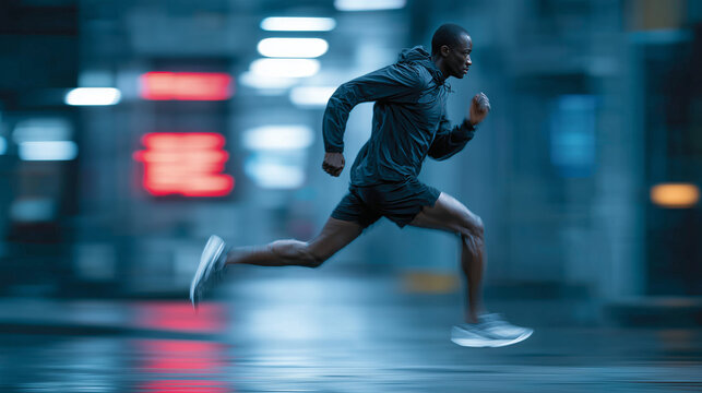 Man running fast in the city at night time fitness run - Powered by Adobe