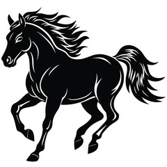 Black horse running with its mane blowing