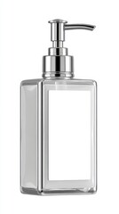 Obraz premium A clear glass soap dispenser with a silver pump, isolated on a white background.