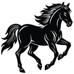 Black horse running with its mane blowing