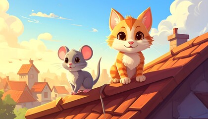 Cute cartoon cat and mouse on a rooftop overlooking a town