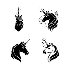 Collection of four stylized black unicorn head silhouettes with abstract mane details isolated on transparent background