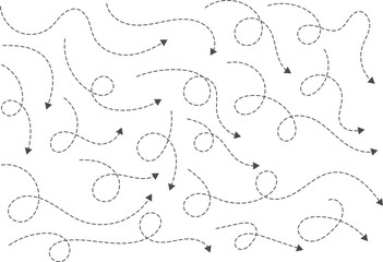 Hand drawn curve dotted line arrow. curved Dashed outline arrows set. Wavy dot line arrow collection. zigzag arrows