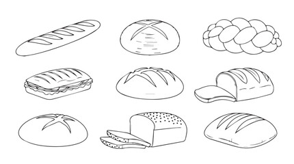 Hand drawn assortment of fresh baked bread loaves and rolls collection line art silhouette