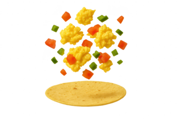 Breakfast taco ingredients floating, scrambled eggs and veggies isolated on transparent background