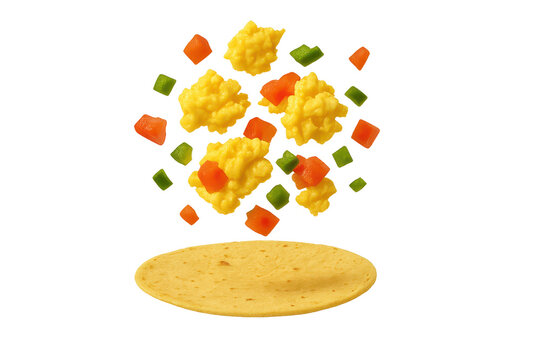 Breakfast taco ingredients floating, scrambled eggs and veggies isolated on transparent background