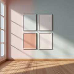 Minimalist Pastel Interior with Four Empty Frames on Wall, Mid-Century Modern Style