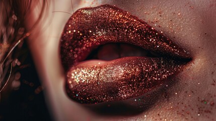 Obraz premium Close-up of lips decorated with red sequins on a sparkling background. The concept of beautiful and fashionable lip makeup.