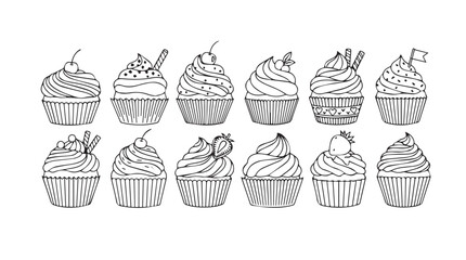 Hand drawn sketch style cupcakes collection decorative dessert food elements isolated on white for baking and celebration designs silhouette