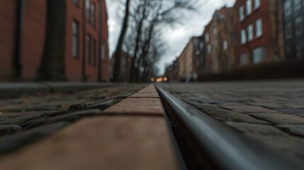 Fototapeta premium A train track running through a city.