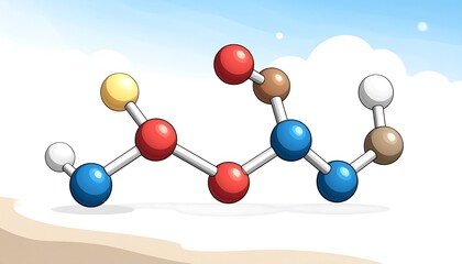 Colorful molecule illustration against a pastel sky