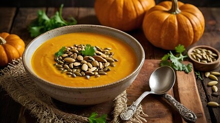 A bowl of pumpkin soup garnished with seeds on a wooden table.