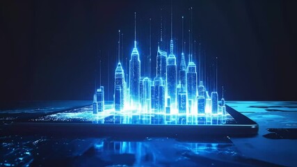 Futuristic city hologram emerging from a tablet with a neon glow and modern design creating a - Powered by Adobe
