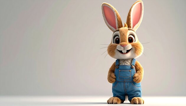 Cartoon rabbit in overalls against a plain background