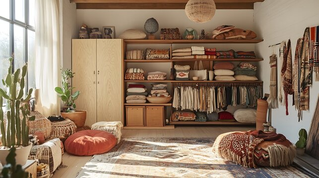 Bohemian modern storage space with open shelving, natural wood