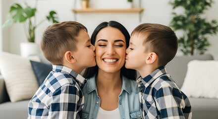 Obraz premium Joyful mother beaming as two young boys shower her with loving kisses on her cheeks at home