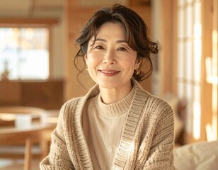 落ち着いた表情の日本人女性（50代）・木の背景と自然光の室内ポートレート
