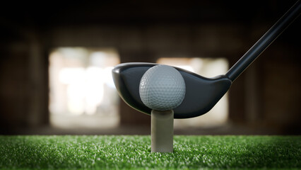 ゴルフ練習場でボールをウッドドライバーで打った瞬間のボールが凹むイメージ
