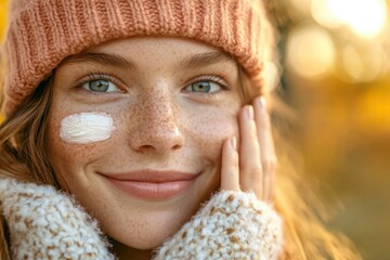 Young woman applying sunscreen to protect skin outdoors