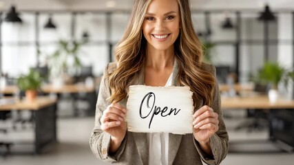 A young woman with long brown hair holds an 'Open' sign in a modern office setting. The background features desks and plants, indicating a business environment.