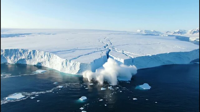 Majestic Ice Cap with Cracks and Glacier Flowing into Ocean Waters