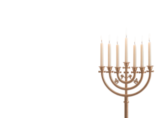 Golden menorah with white candles isolated on transparent or white background, png
