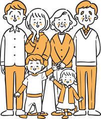 笑顔の三世代家族　全身　ベクター（オレンジ）
