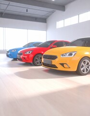 Obraz premium some cars, yellow black and blue on stage display