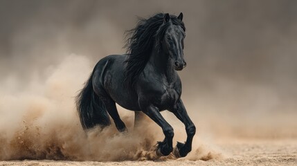 Majestic black horse gallops through dusty landscape under overcast sky
