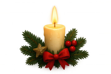 Holiday candle composition featuring a lit flame, green fir sprigs, decorative gold star, and shiny red ribbon