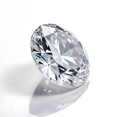 Close-up of three clear, faceted diamonds on white background, arranged in triangle shape, sparkling with soft light reflections. Luxury, clarity, and elegance in focus.