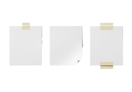 Three pristine A6 white paper sheets with beige masking tape, one curled, arranged on a transparent background with soft shadows, minimalist studio still life photography, concept of blankness and