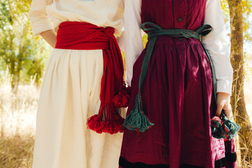 Close-up of Ukrainian traditional costume embroidered vyshyvanka blouse, woven belt kraika, folk jewelry. Ethnic festive clothing, national outfit details, cultural heritage. Part of the series