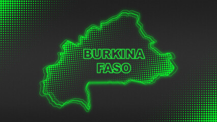 Neon Green Burkina Faso Map Outline Futuristic Digital Glow Halftone Illustration