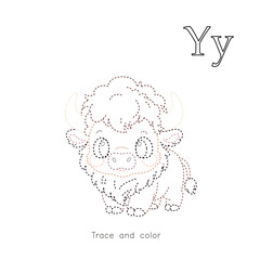 Yak outline worksheet with dotted lines for kids to trace and color. Educational alphabet activity page with letter Y for preschool learning, writing, and coloring practice.