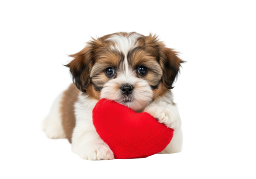 Adorable fluffy brown white black Havanese Shih Tzu mix puppy with expressive eyes holding vibrant red heart pillow, lying on transparent studio background with copy space, Valentine's Day concept