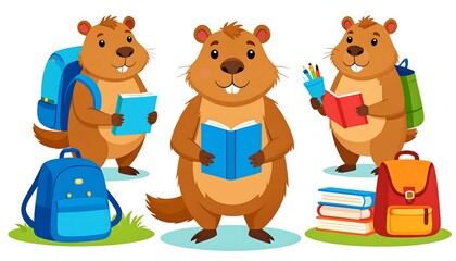 Cute cartoon groundhogs with school supplies