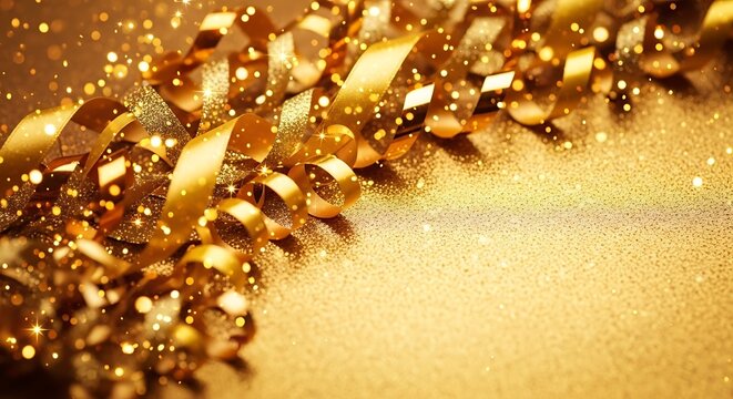 Sparkling golden ribbons and glitter creating a luxurious and festive background for celebrations, awards, and glamorous events - Powered by Adobe