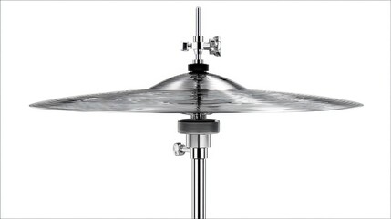 A detailed studio shot of a pair of hi hat cymbals mounted on a stand against a white background.