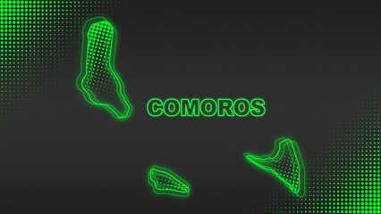 Neon Green Comoros Map Outline Futuristic Digital Glow Halftone Illustration