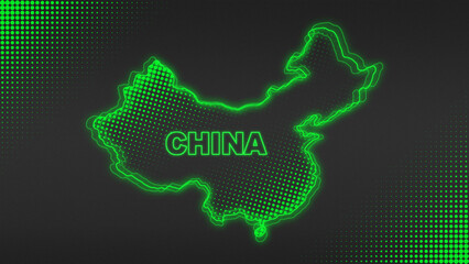 Neon Green China Map Outline Futuristic Digital Glow Halftone Illustration